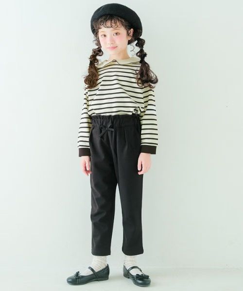 音符刺繍 ストレッチ ロングパンツ モデル着用イメージ（ブラック）
