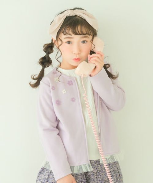 ポケット＆フリルつき 裏毛 お花 カーディガン モデル着用イメージ（パープル）