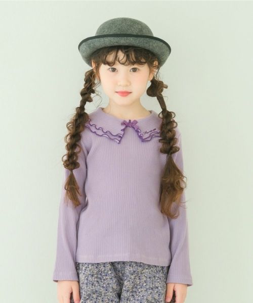 フリル襟 リブ Tシャツ モデル着用イメージ（パープル）