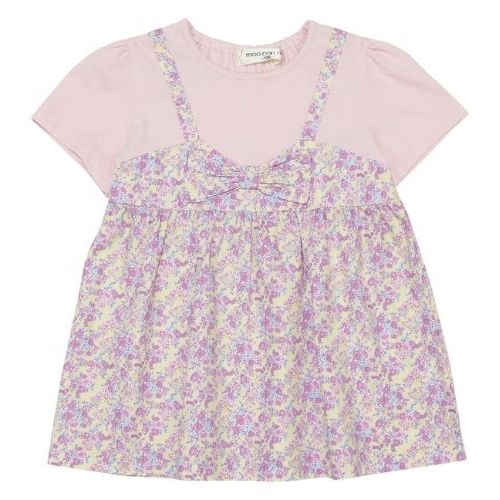 綿100％ オリジナル 花柄 プリント リボン 重ね着風 Aライン Tシャツ