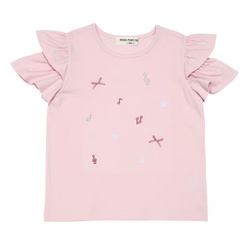 綿100％音符刺繍 肩あきフリル袖Ｔシャツ