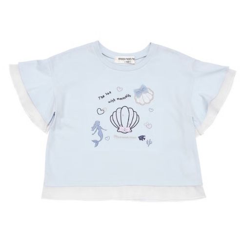 貝殻＆マーメイド刺繍 シフォン切り替えショート丈Tシャツ