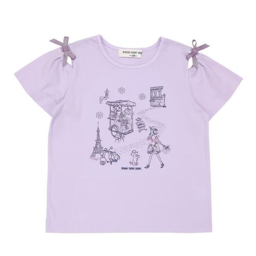 綿100％ パリ風景刺繍 お花モチーフ肩あきTシャツ