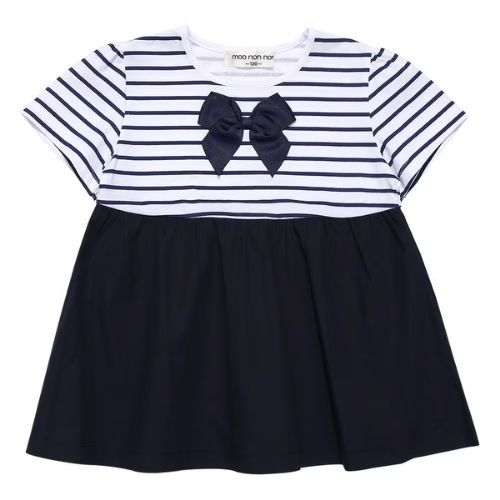 ボーダー柄リボン付き ギャザー切り替え チュニックTシャツ