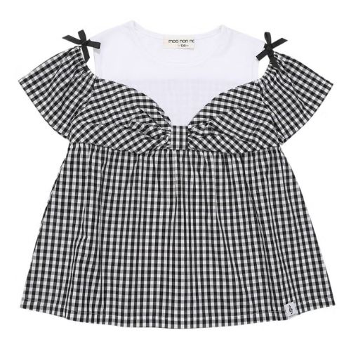 ギンガムチェック柄 リボンつき肩あきTシャツ