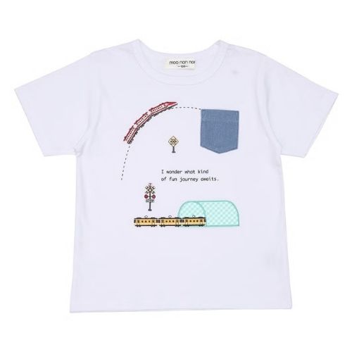 綿100％ 電車刺繍 ポケットつき 乗り物Tシャツ