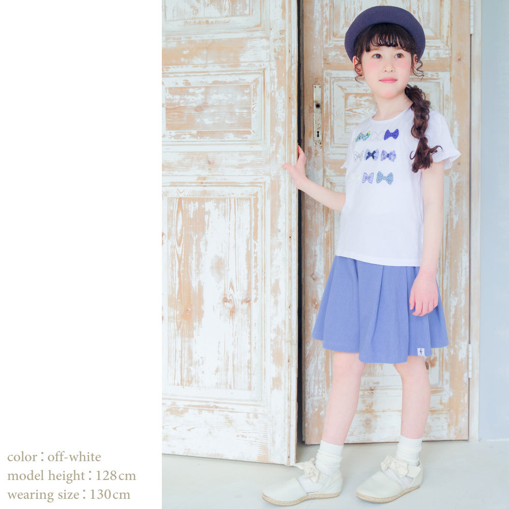 綿100％リボンモチーフフリル袖Tシャツ ピンク