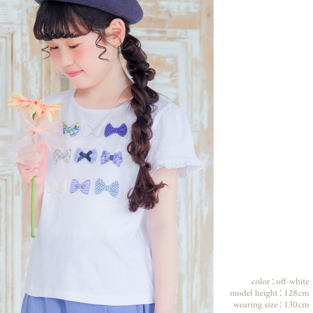 綿100％リボンモチーフフリル袖Tシャツ ピンク