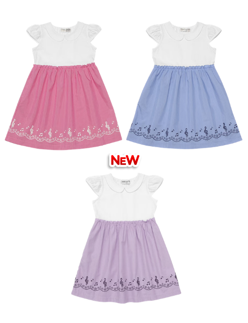 ストライプ柄音符プリント襟付きドッキングワンピース カラーバリエーション