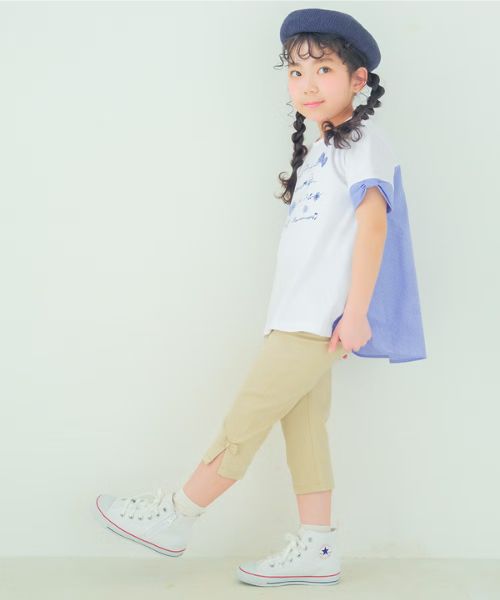 ストレッチツイル素材リボンつき７分丈パンツ モデル着用イメージ（ベージュ）