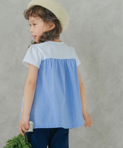 チェック柄切り替えTシャツ モデル着用イメージ（オフホワイト）