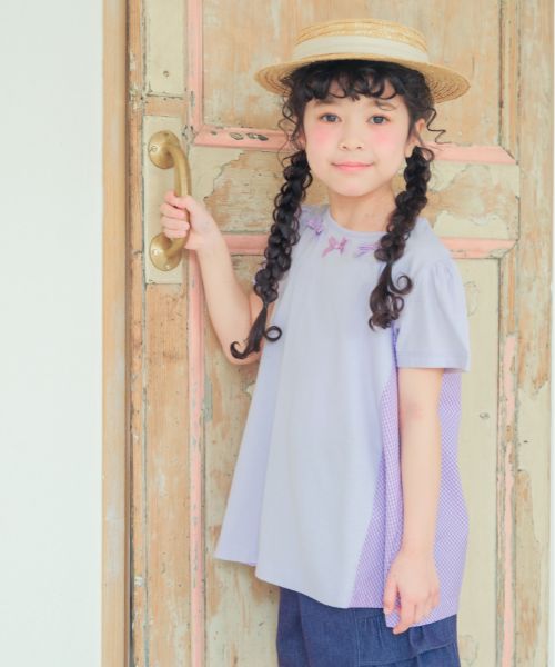 チェック柄切り替えTシャツ モデル着用イメージ（パープル）