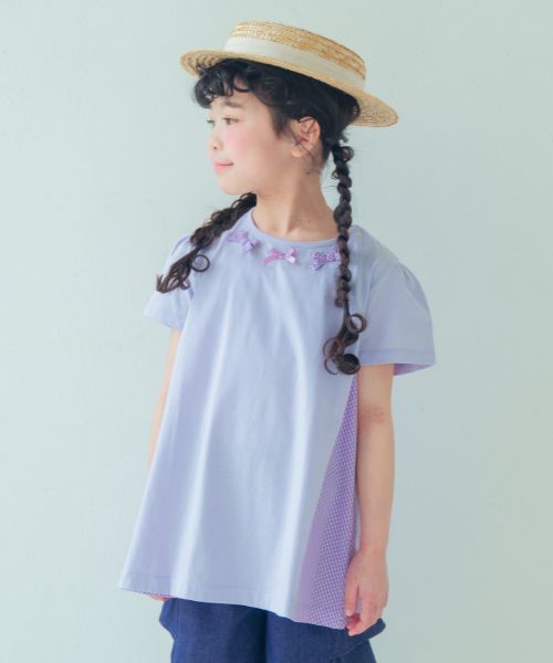 チェック柄切り替えTシャツ モデル着用イメージ（パープル）