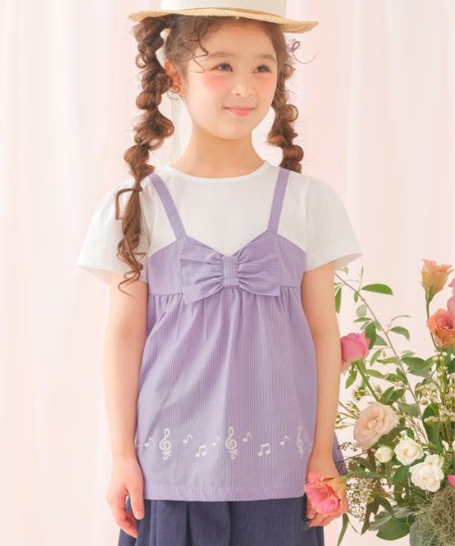 ストライプ柄重ね着風Tシャツ モデル着用イメージ（パープル）