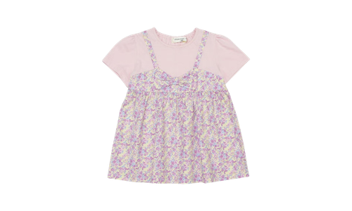 綿100％ 花柄 リボン 重ね着風 AラインTシャツ カラーバリエーション