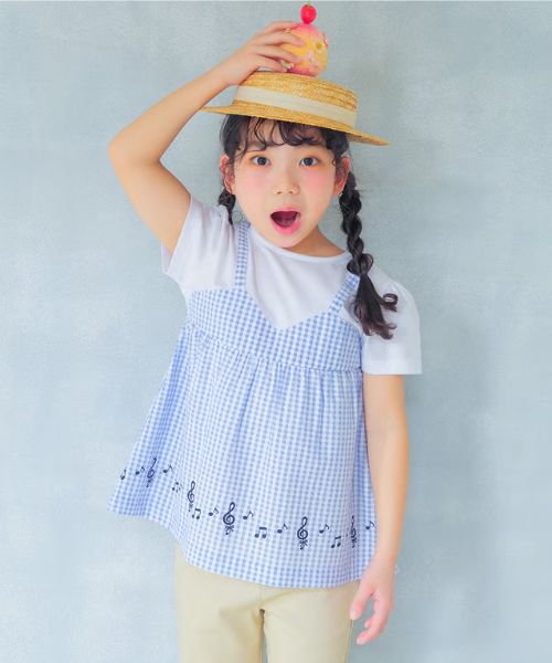 ギンガムチェック 重ね着風 Tシャツ モデル着用イメージ（ブルー）