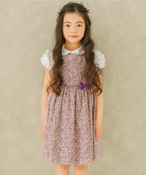 日本製 綿100％ 花柄 リボン付き ワンピース モデル着用イメージ（パープル）