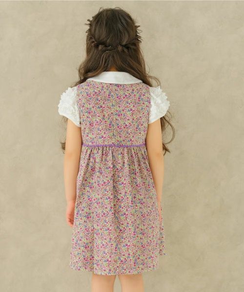 日本製 綿100％ 花柄 リボン付き ワンピース モデル着用イメージ（パープル）