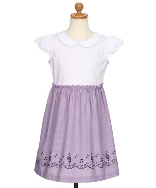 ストライプ柄音符プリント襟付きドッキングワンピース