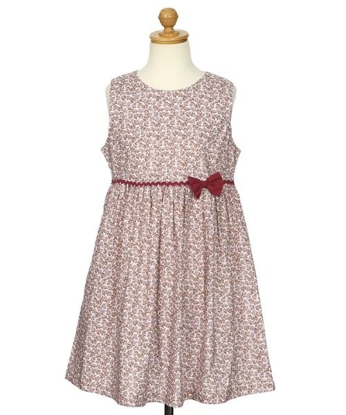 綿100％ 小花柄 リボン ギャザーワンピース