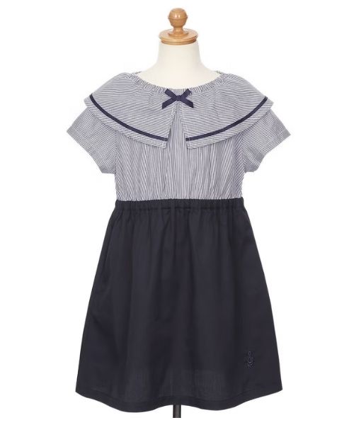 ストライプ柄 リボン襟付き 音符刺繍ワンピース