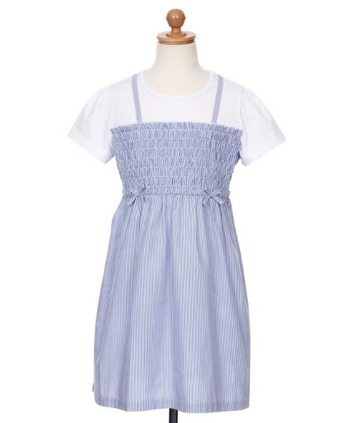 リボンつき ストライプ柄重ね着風ワンピース