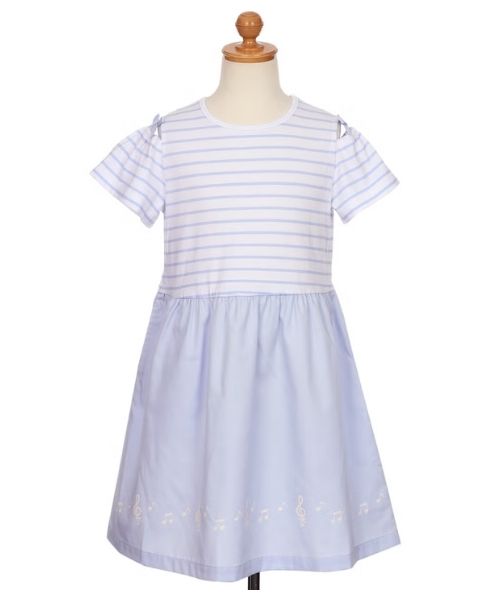 音符プリント 肩あき袖 ボーダー柄ドッキングワンピース