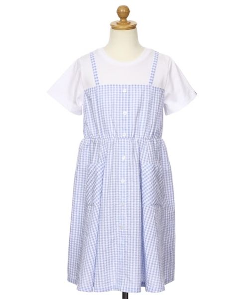 ギンガムチェック柄 重ね着風ワンピース