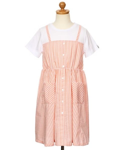 ギンガムチェック柄 重ね着風ワンピース