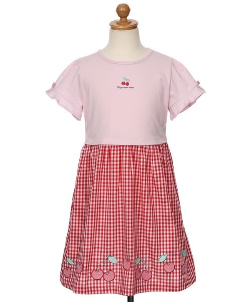 チェリー刺繍 ギンガムチェック柄 ドッキングワンピース