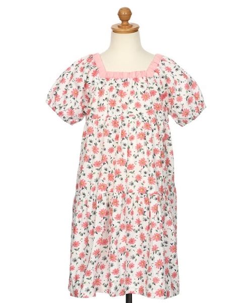 花柄 スクエアネック ギャザーワンピース