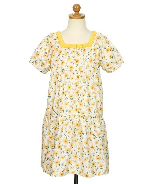 花柄 スクエアネック ギャザーワンピース
