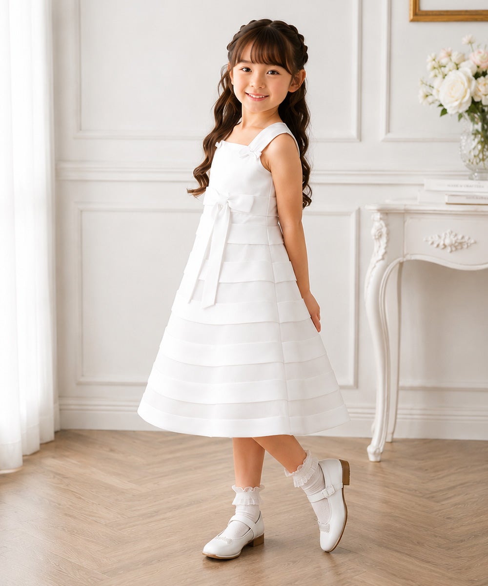 子供服 女の子 チュールタックドレス オフホワイト(11) モデル画像全身
