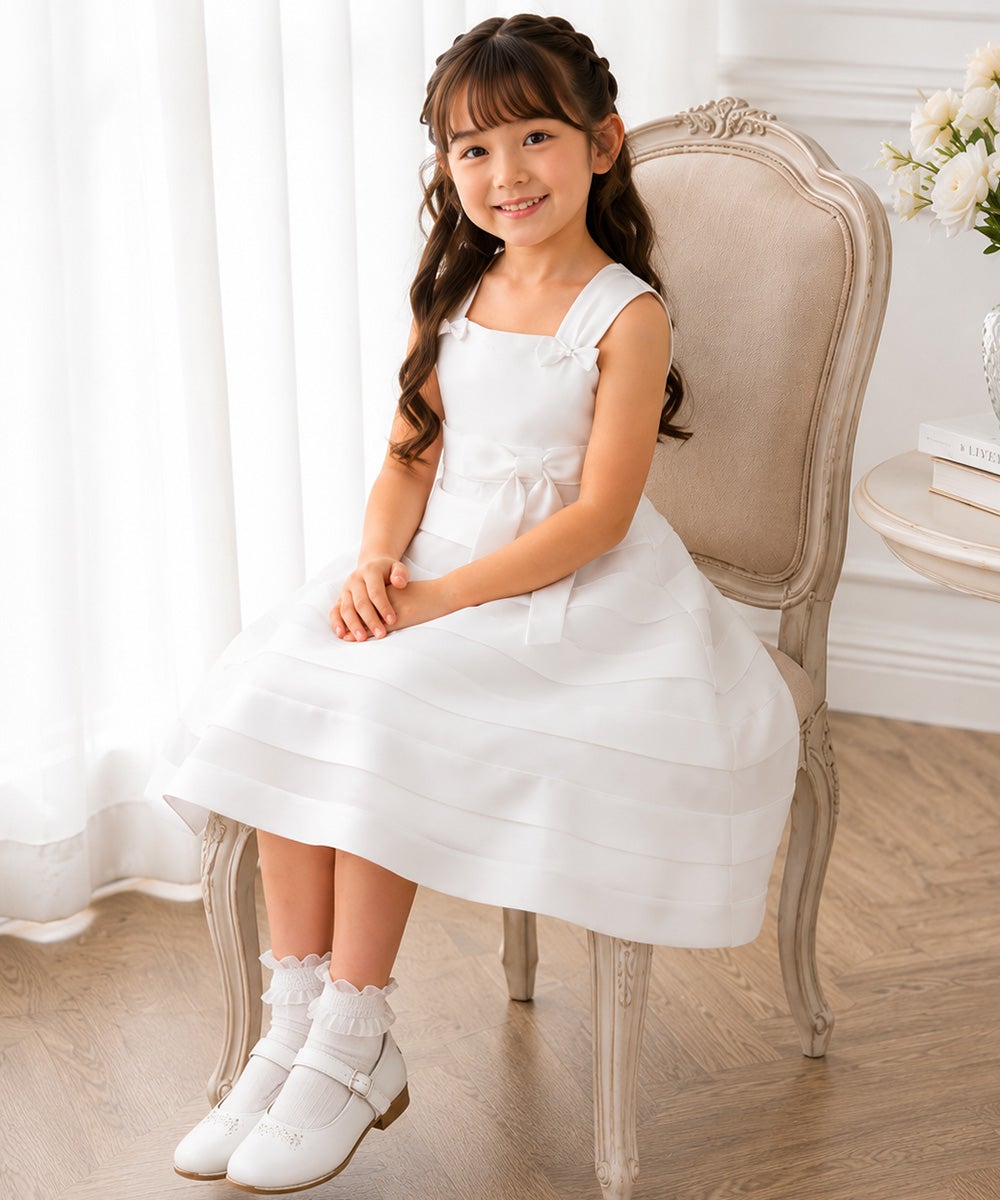 子供服 女の子 チュールタックドレス オフホワイト(11) モデル画像1