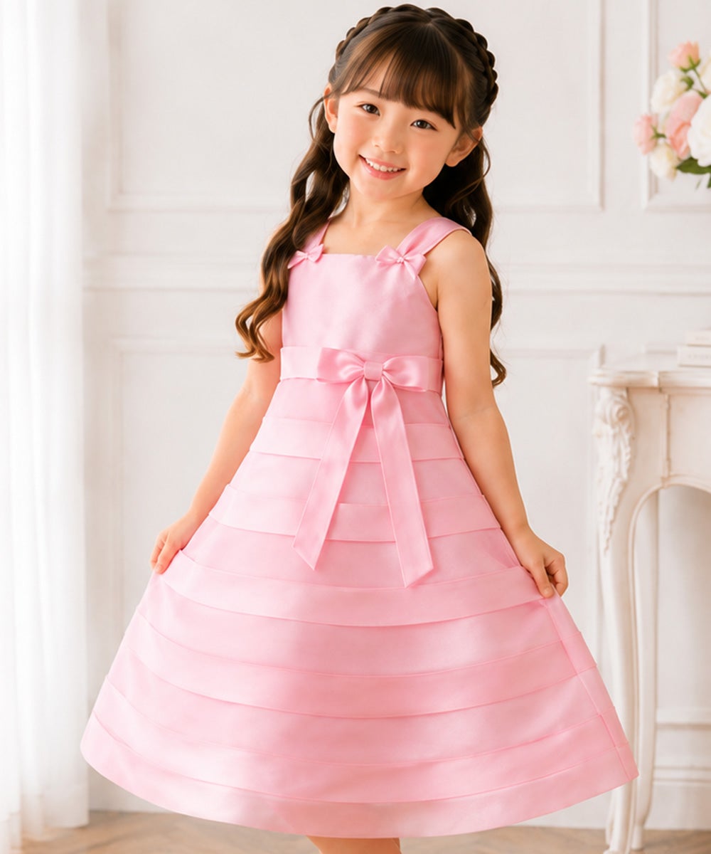 子供服 女の子 チュールタックドレス ピンク(02) モデル画像アップ