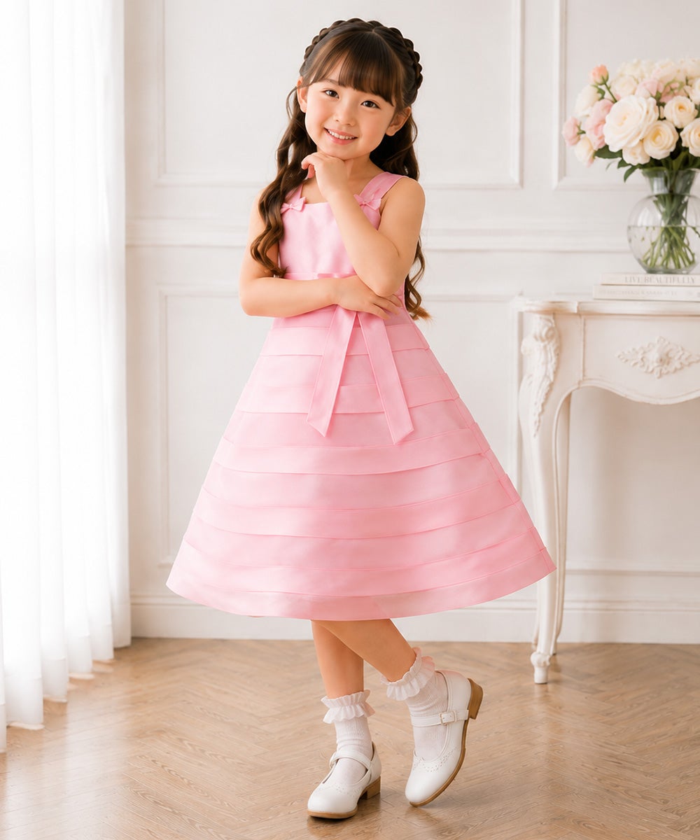 子供服 女の子 チュールタックドレス ピンク(02) モデル画像全身