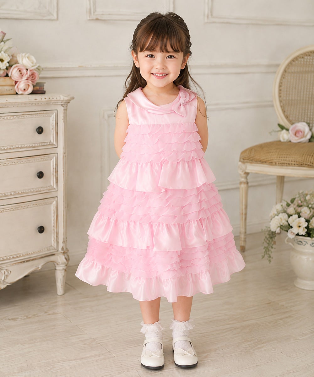 ベビー服 女の子 リボンつきチュールフリルAラインドレス ピンク(02) モデル画像全身