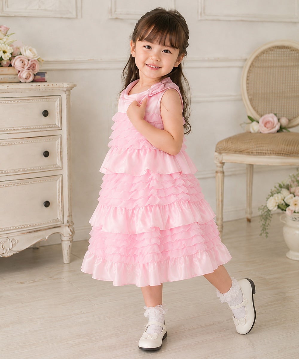 ベビー服 女の子 リボンつきチュールフリルAラインドレス ピンク(02) モデル画像1