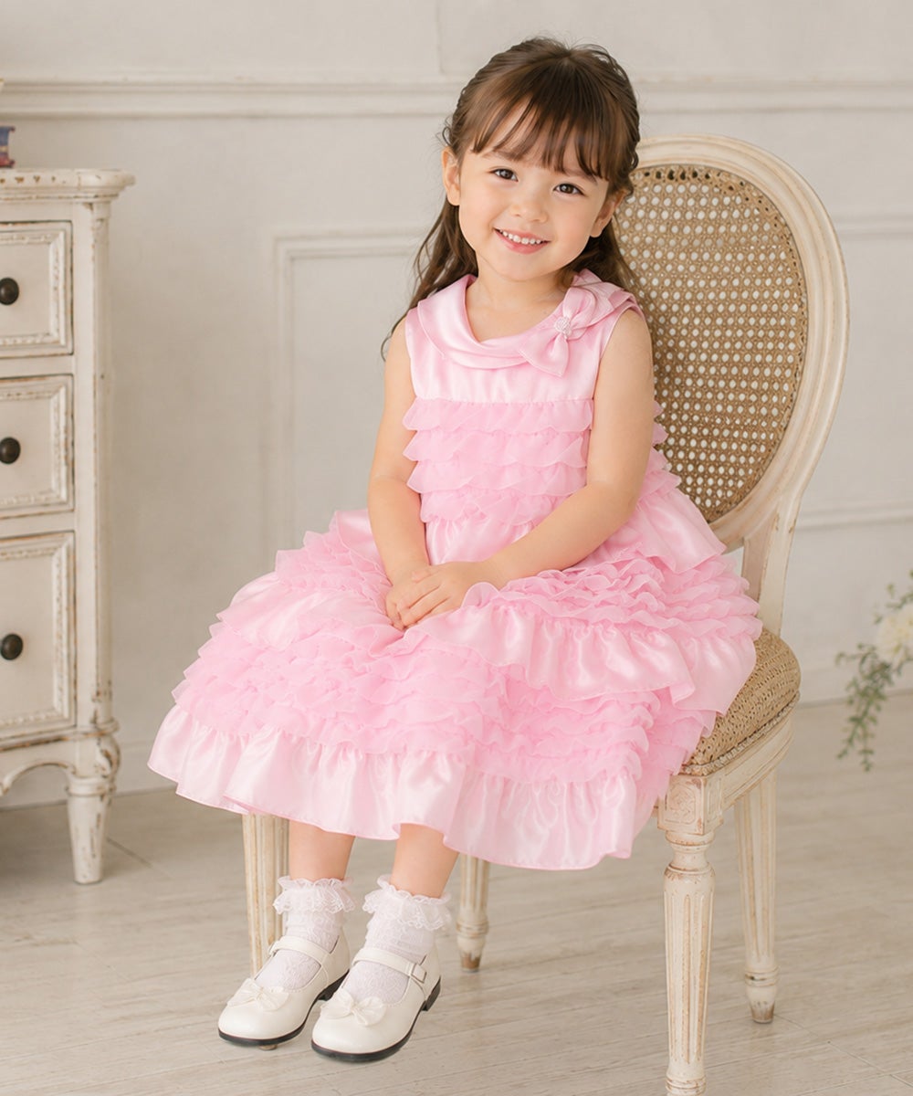 ベビー服 女の子 リボンつきチュールフリルAラインドレス ピンク(02) モデル画像3