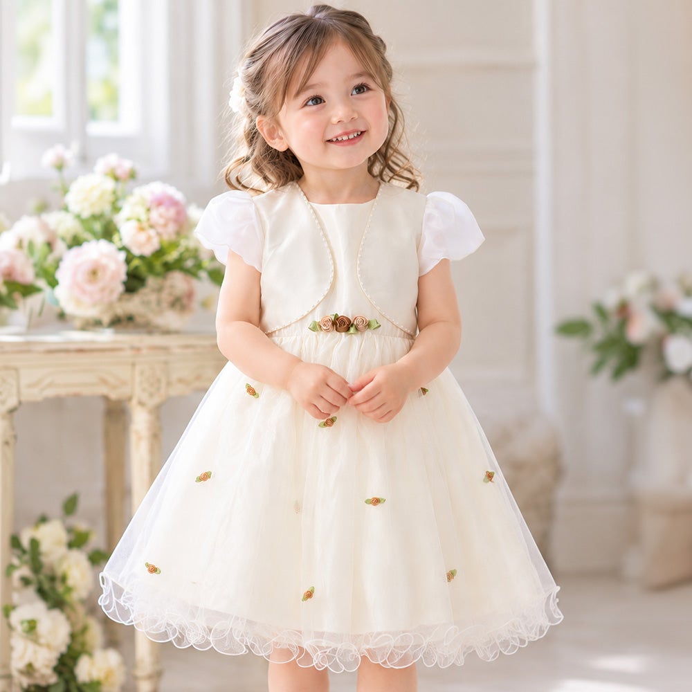 ベビー服 女の子 お花モチーフ付き重ね着風チュールドレス