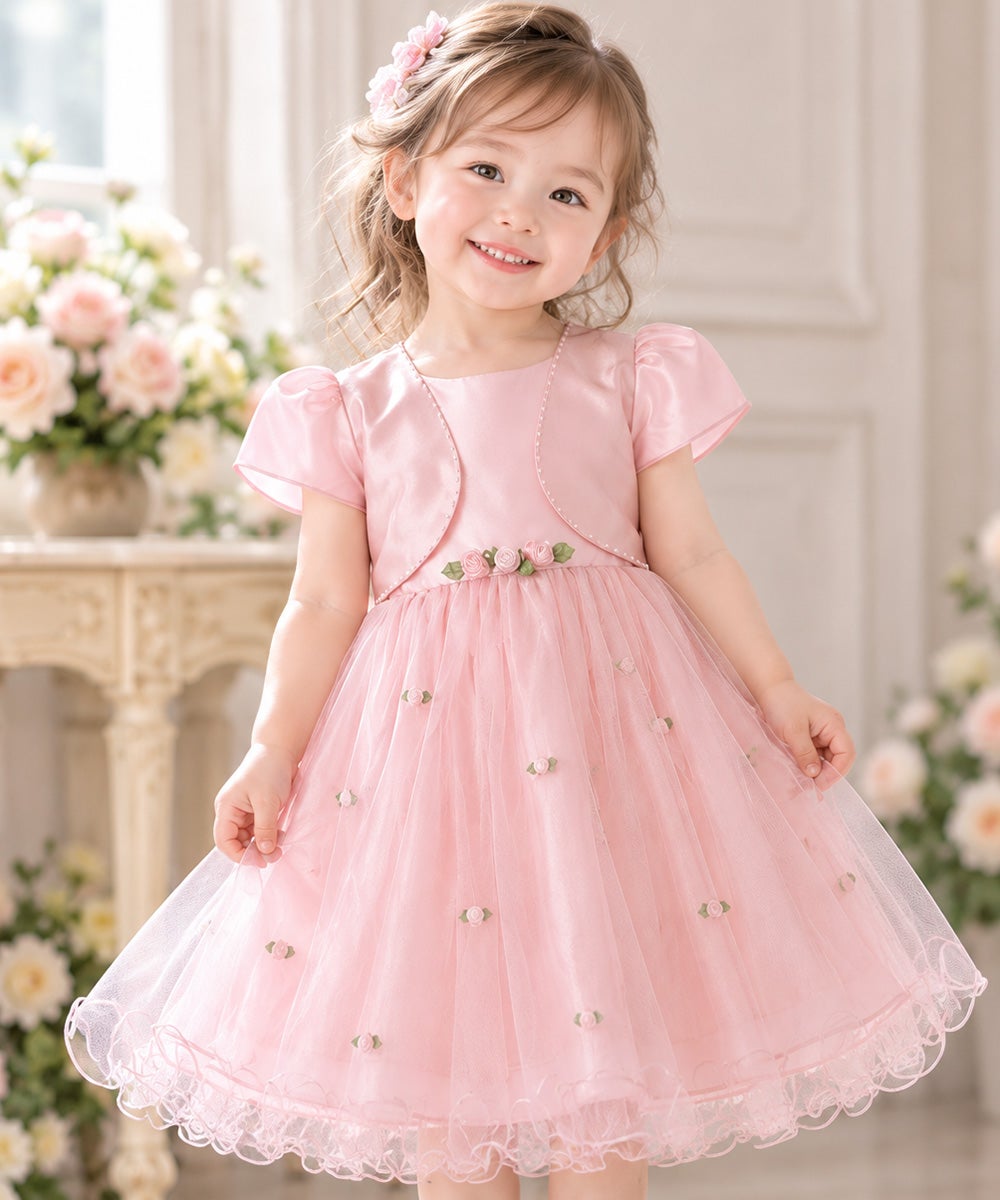ベビー服 女の子 お花モチーフ付き重ね着風チュールドレス ピンク(02) モデル画像アップ