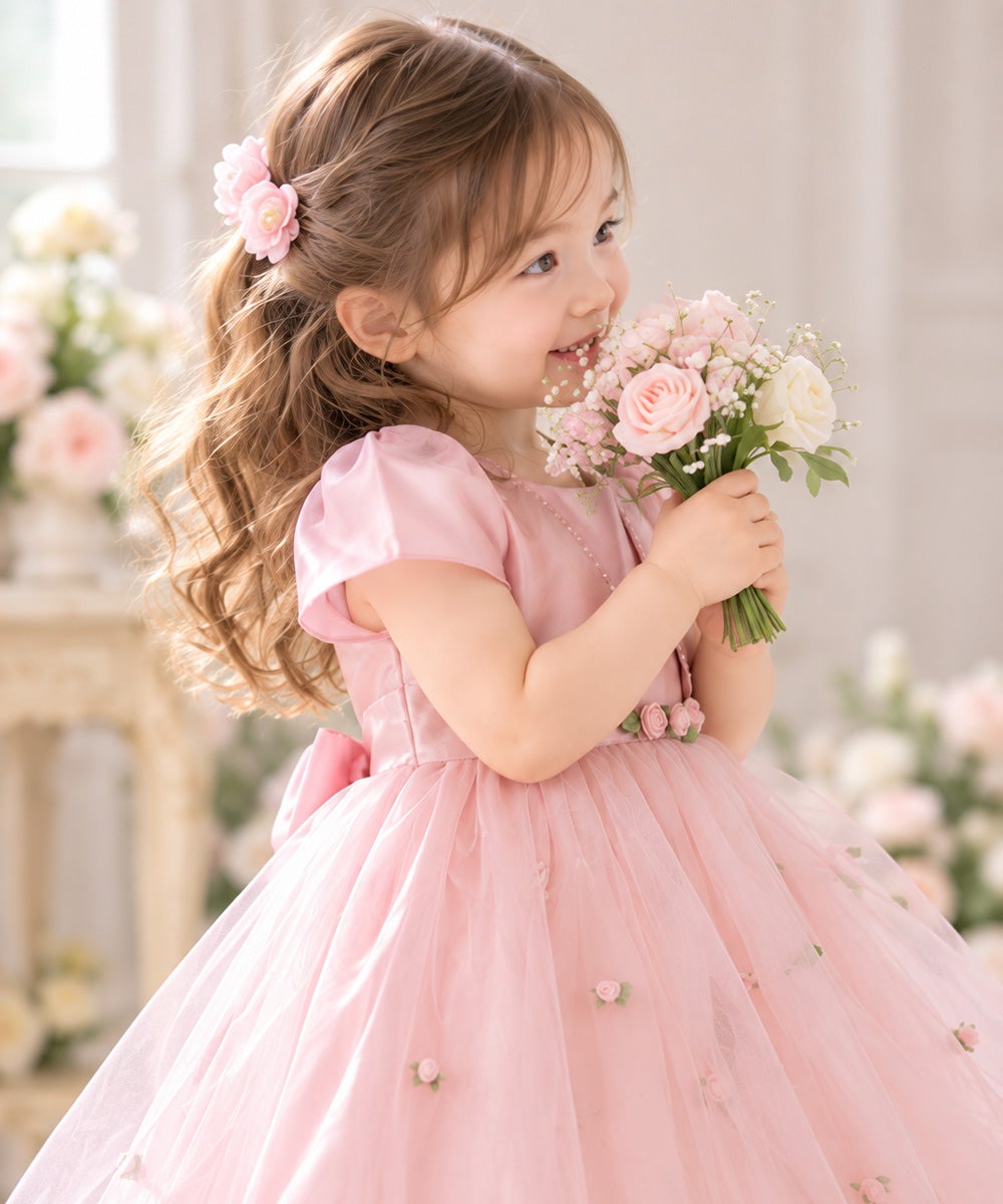 ベビー服 女の子 お花モチーフ付き重ね着風チュールドレス ピンク(02) モデル画像1