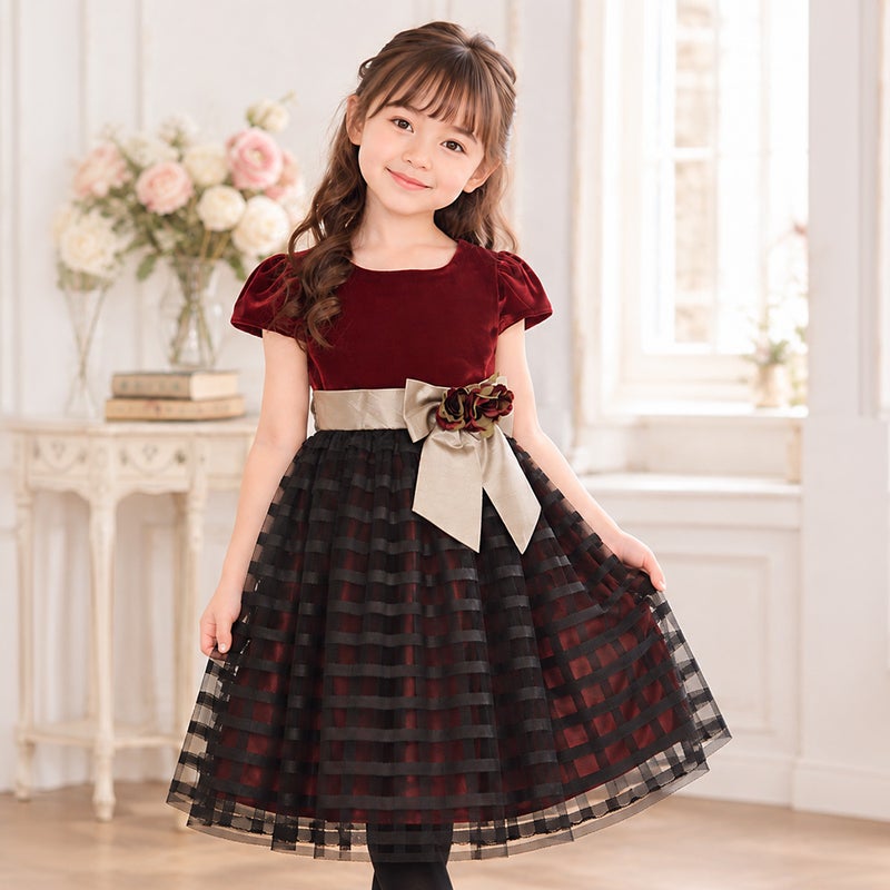 子供服 女の子 バラリボン付きボーダー柄チュール＆ベロア切り替え