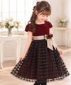 子供服 女の子 バラリボン付きボーダー柄チュール＆ベロア切り替え エンジ(31) モデル画像アップ