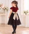 子供服 女の子 バラリボン付きボーダー柄チュール＆ベロア切り替え エンジ(31) モデル画像全身