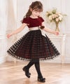 子供服 女の子 バラリボン付きボーダー柄チュール＆ベロア切り替え エンジ(31) モデル画像1