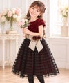 子供服 女の子 バラリボン付きボーダー柄チュール＆ベロア切り替え エンジ(31) モデル画像2