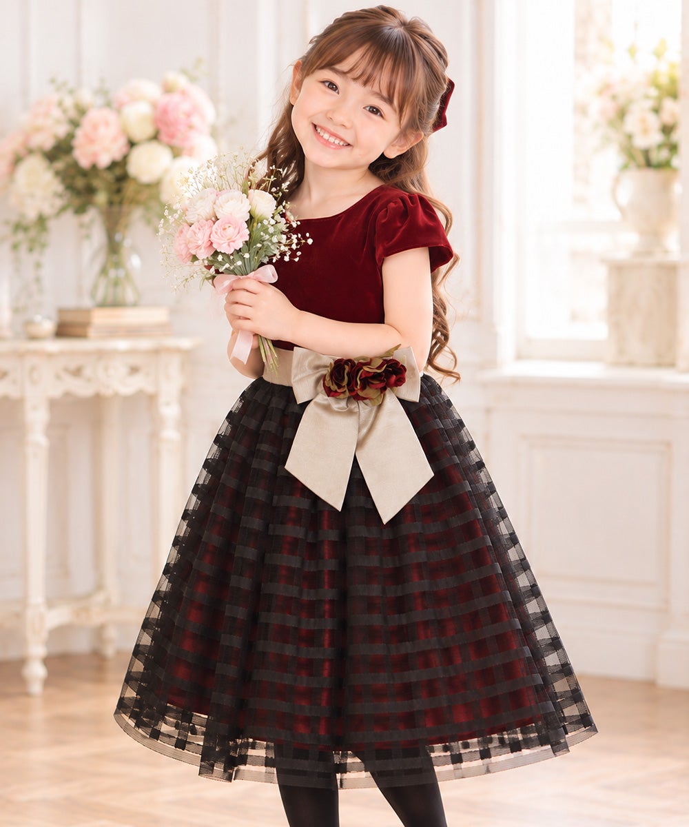 子供服 女の子 バラリボン付きボーダー柄チュール＆ベロア切り替え エンジ(31) モデル画像2