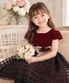 子供服 女の子 バラリボン付きボーダー柄チュール＆ベロア切り替え エンジ(31) モデル画像3