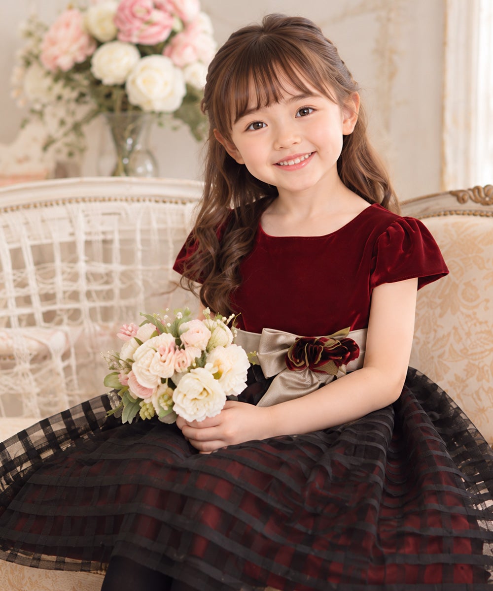 子供服 女の子 バラリボン付きボーダー柄チュール＆ベロア切り替え エンジ(31) モデル画像3